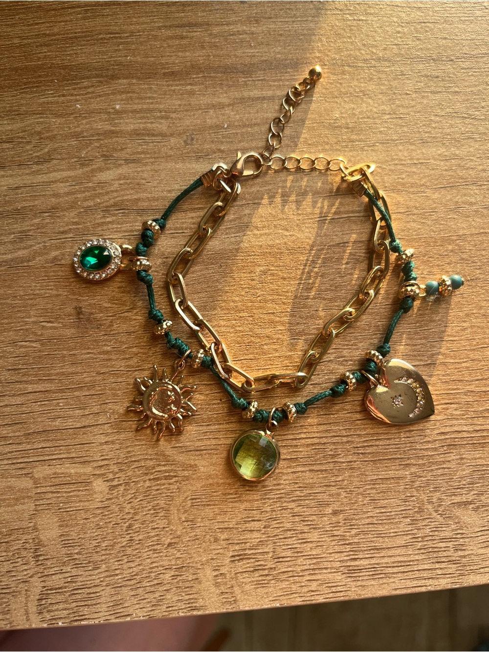 Free People Gold Charm Bracelet Set with Green Accents